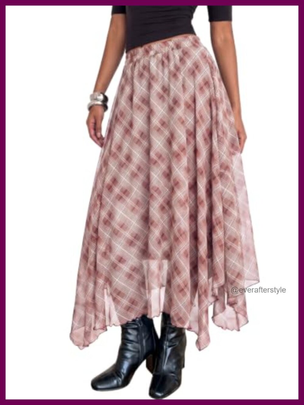 Plaid Asymmetric High-Low Maxi Skirt A-Line Flowy High Rise